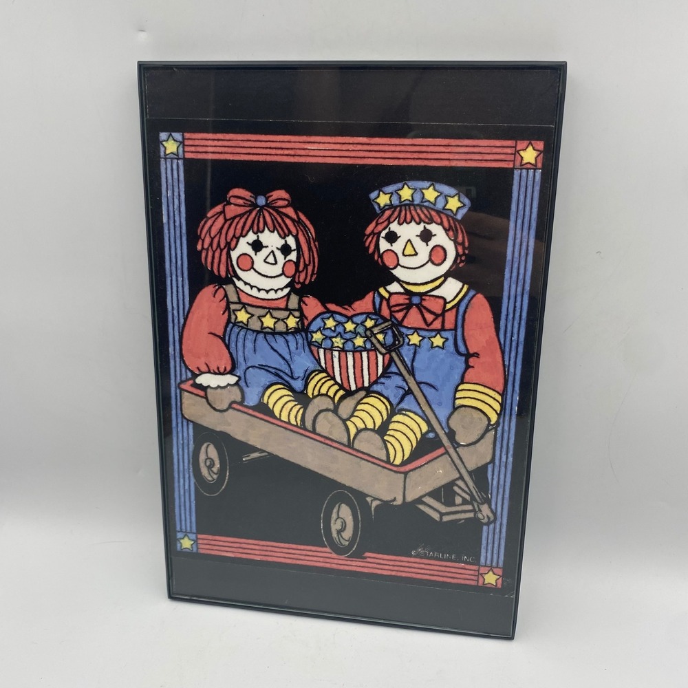 Vintage Starline Inc Raggedy Ann and Andy Framed Art Americana Wagon 8 x 12